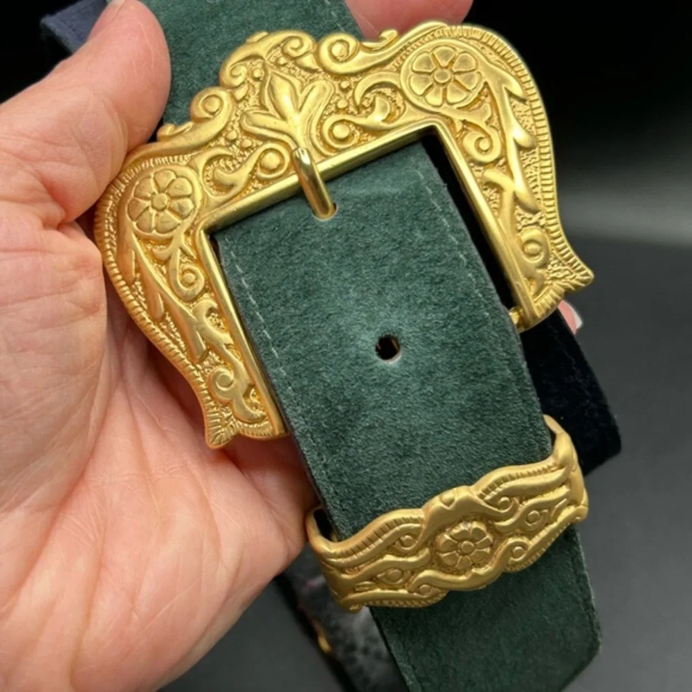 VTG‎ 80s-90s Doncaster Green Navy Pink Suede Leather Gold Women's Belt 40”